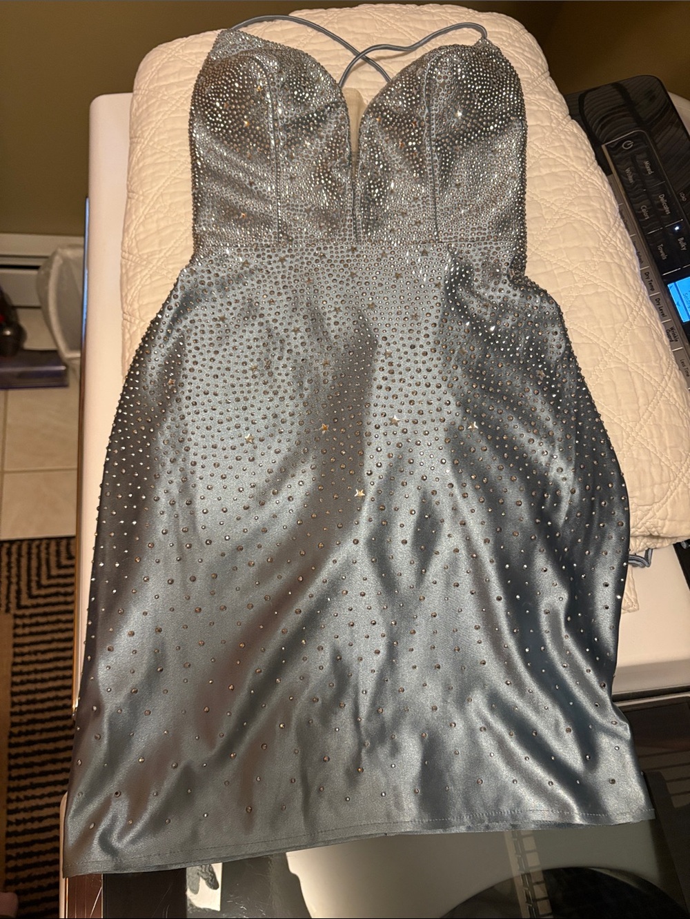 Sherri Hill Silver Satin Mini Dress with Crystal Accents
